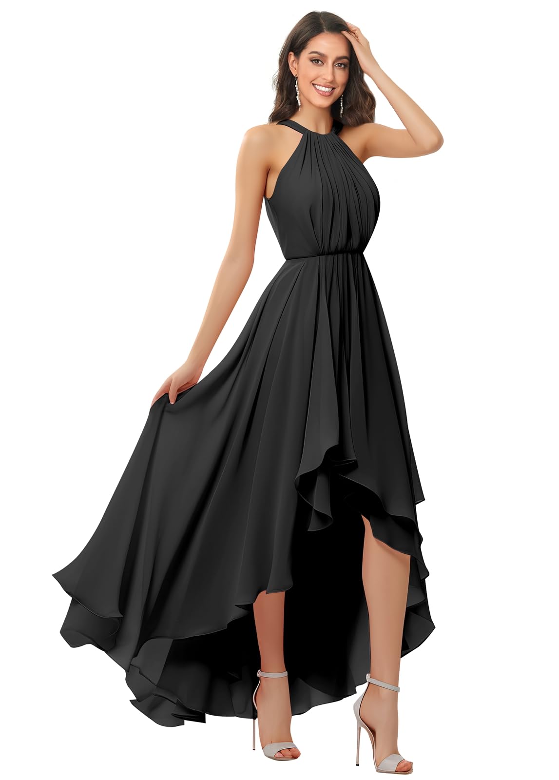 Elegant Chiffon Bridesmaid Dress with Ruffles & Pleats - Women's Formal Halter Gown for Weddings, Parties & Special Occasions