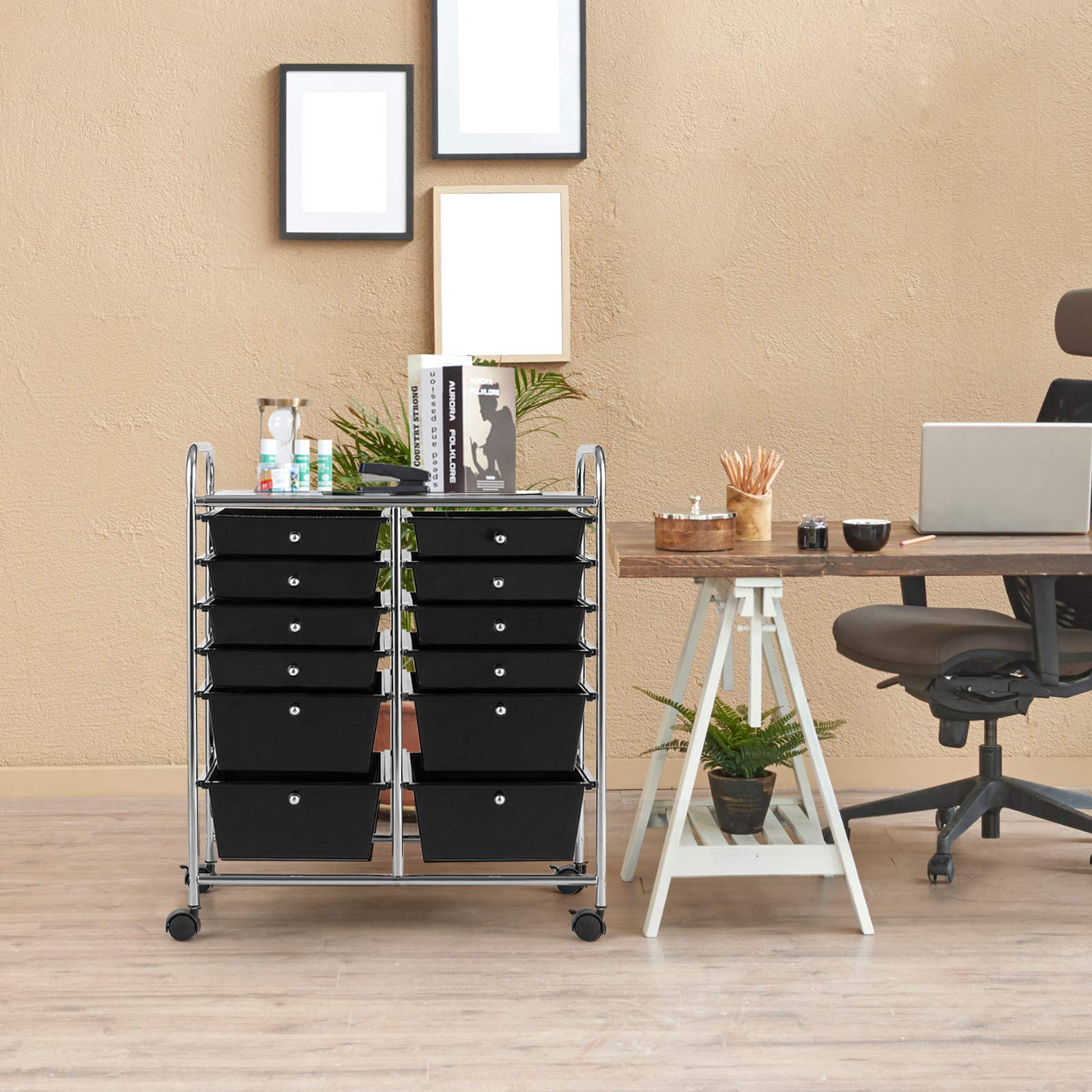 GOFLAME 12-Drawer Rolling Cart with Lockable Wheels for Office & Salon Storage