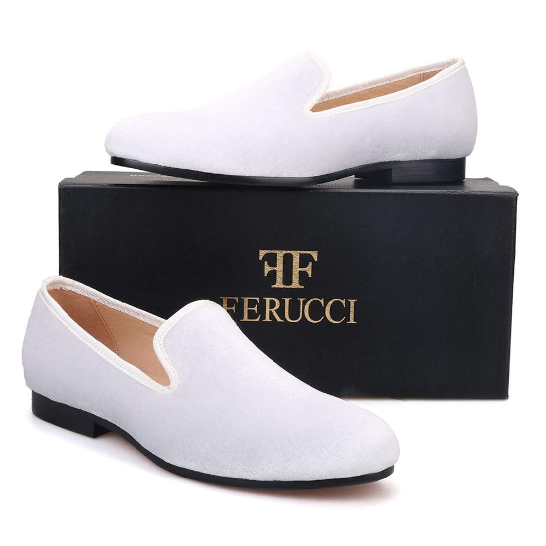 FERUCCI Women's Plain White Velvet Loafers - Comfortable Slip-On Slippers for Wedding, Prom & Casual Wear - Soft Velvet Flat Shoes for Indoor/Outdoor Use