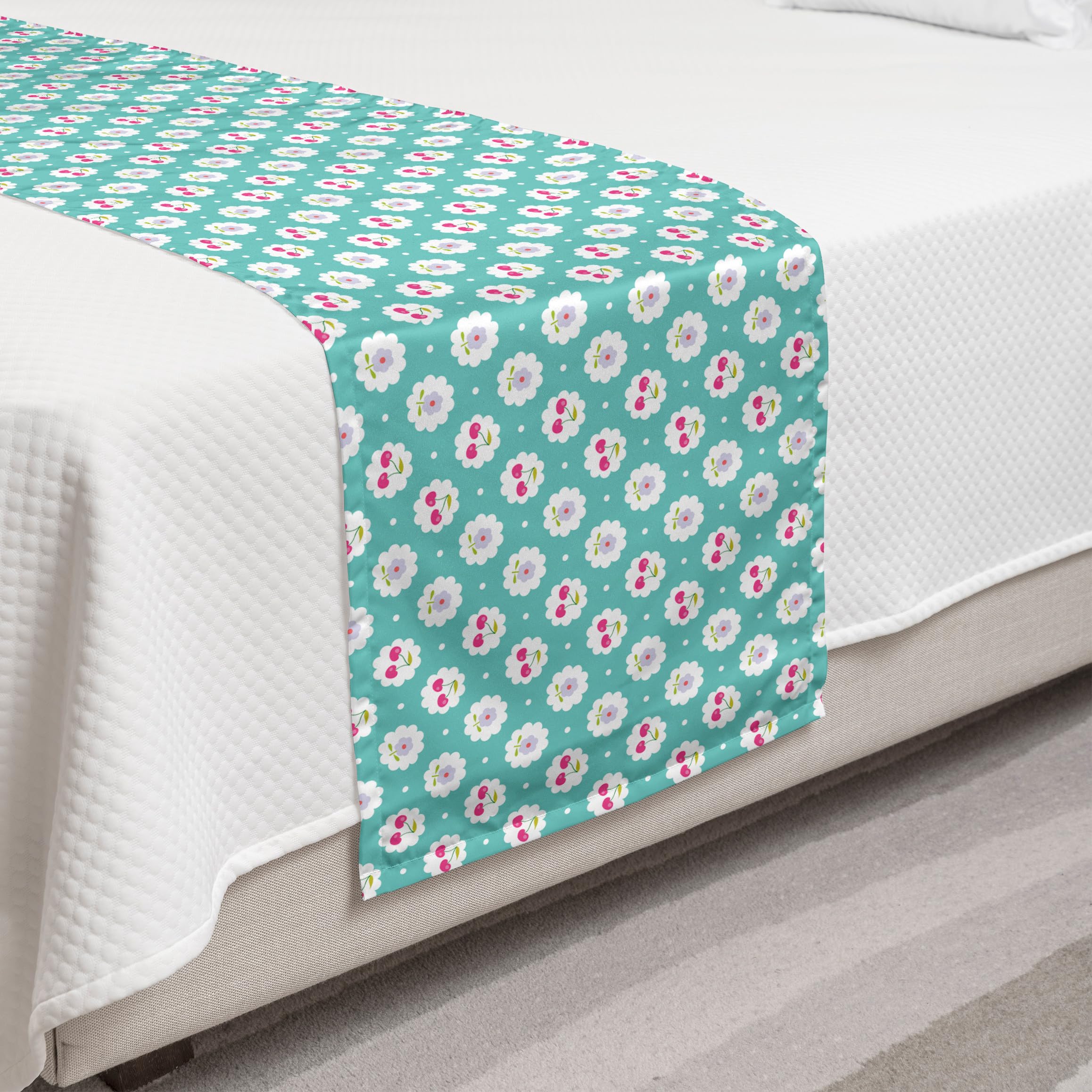 Ambesonne Seafoam Green Bed Runner with Cherry Blossom Floral Design - Decorative Bed Scarf for Hotels, Homes & Guest Rooms - Perfect for Spring Bedroom Decor and Coastal Themed Interiors
