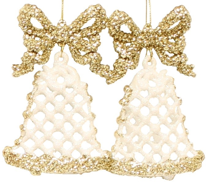 2 Pack of Glitter Christmas Bell Ornaments - White, Red & Gold Holiday Decorations for Tree, Wreath, Gift Wrapping & Party Decor