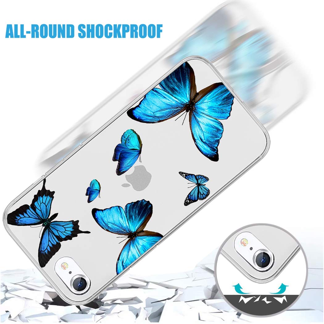 Clear Soft TPU Shockproof Protective Phone Case for iPhone SE 2020/iPhone 8/iPhone 7 (4.7 Inch) - Cute Blue Butterfly Design for Women & Girls | Perfect for Everyday Use, Work & Travel