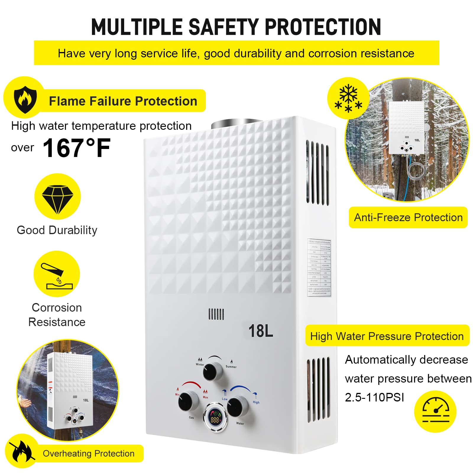 **18L Outdoor Portable Propane Tankless Water Heater - 4.74GPM Instant Hot Water System with Digital Display & Multi-Protection for Camping, RV, Boat & Off-Grid Living**