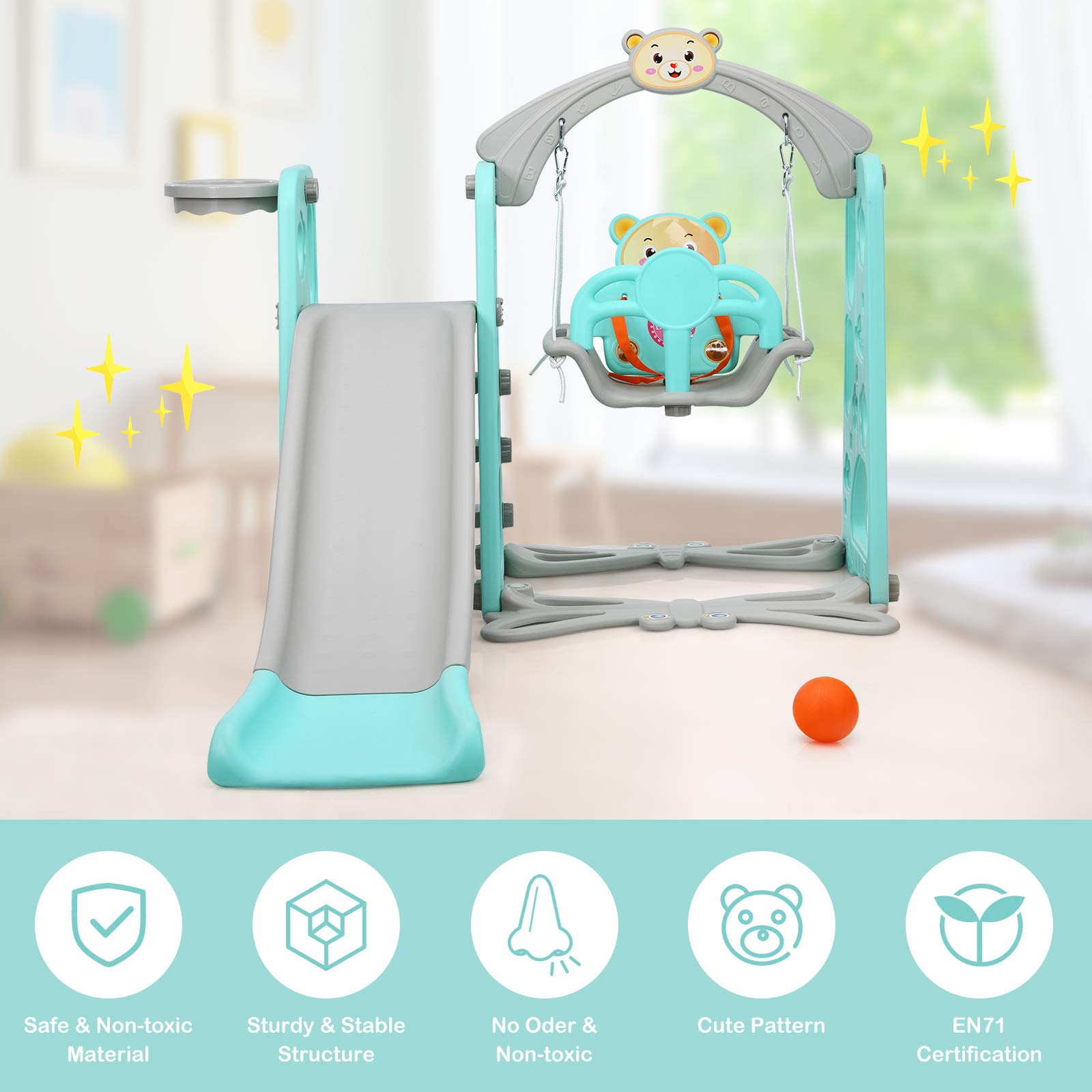 Costzon 4-in-1 Toddler Slide & Swing Set - Indoor/Outdoor Baby Playset with Slide, Swing, Climber & Basketball Hoop | Fun Playground Equipment for 1+ Year Old Girls & Boys | Perfect for Backyards, Playrooms & Birthday Gifts