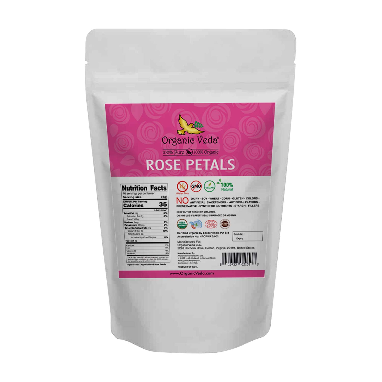 Organic Veda Dried Rose Petals, 7 oz - 100% USDA Certified Organic Edible Rose Petals for Rose Water, Baking, Tea, Cosmetics & Decor - Vegan, Non-GMO - Perfect for DIY Beauty, Gourmet Cooking & Relaxing Bath Soaks