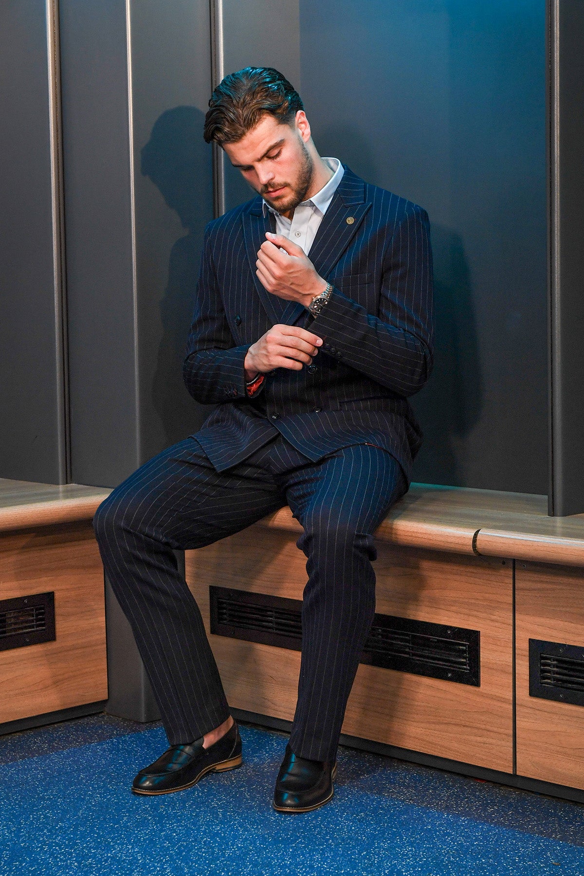 Cardiff City F.C. Navy Pinstripe Double Breasted Suit - Official Ollie Tanner Matchday Suit | Perfect for Football Matches, Weddings & Formal Events