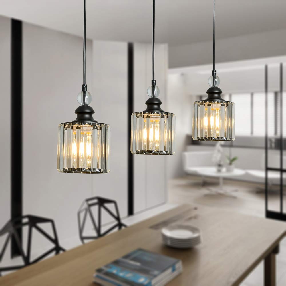 3-Pack Matte Black Crystal Pendant Lights - Adjustable Industrial Mini Chandeliers for Kitchen Island, Dining Room, Living Room, Bar & Cafe | Elegant Indoor Lighting Fixtures for Modern Home Decor