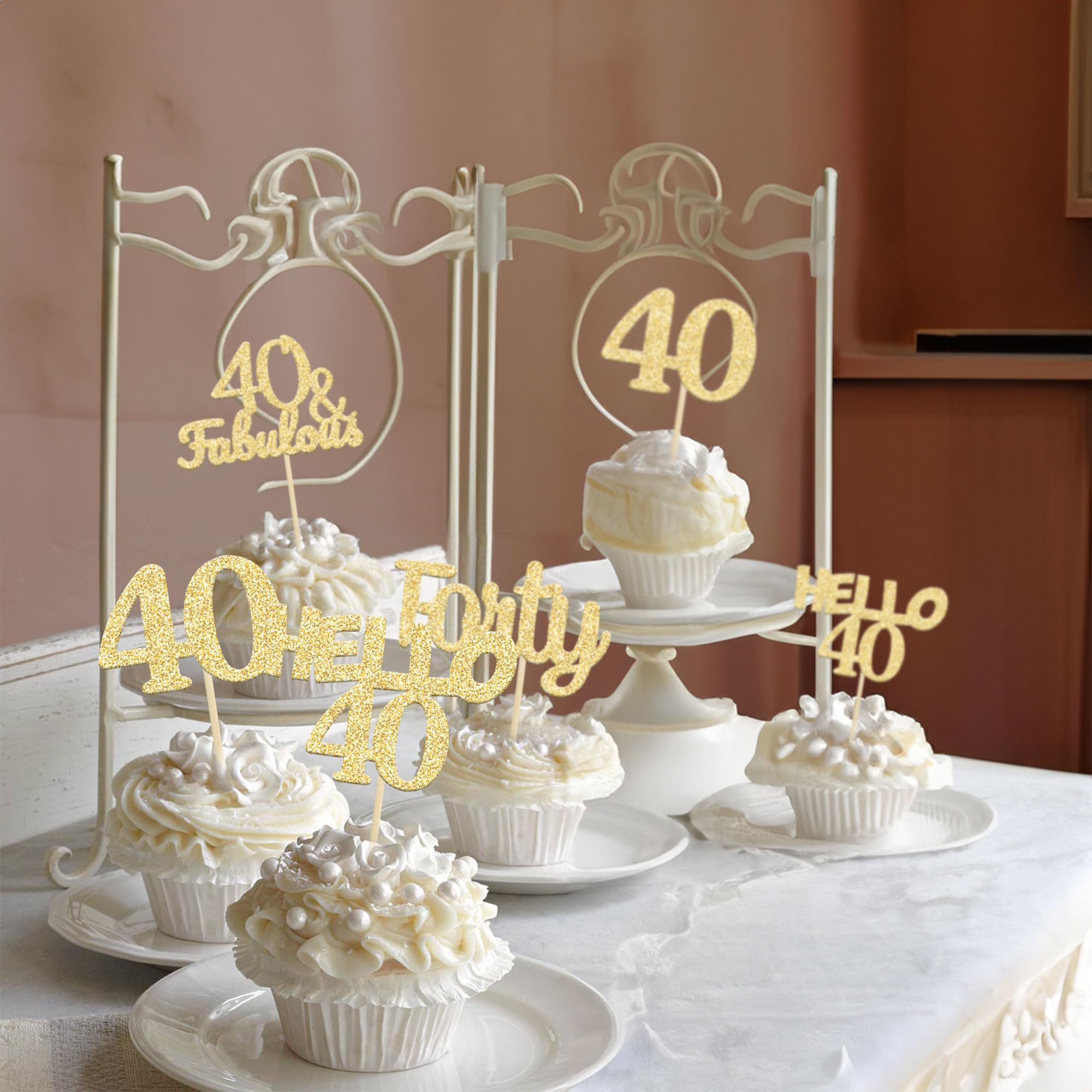 24Pcs Gold Glitter 40th Birthday Cupcake Toppers - Hello 40 Forty Cake Decorations & Fabulous Cupcake Picks for 40th Birthday Party Supplies | Perfect for Anniversary Celebrations, Milestone Birthdays, and Festive Dessert Decorations