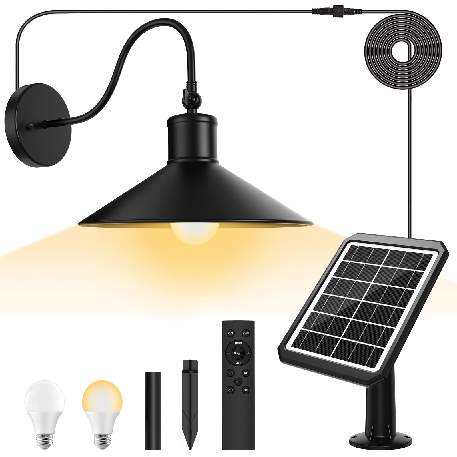 Waterproof Solar Gooseneck Barn Light - High Efficiency Solar Panel with Remote Control & 3000K/6000K Adjustable LED Bulbs - Ideal for Farmhouse, Shed, Greenhouse, Chicken Coop, Garage, Workshop & Outdoor Lighting