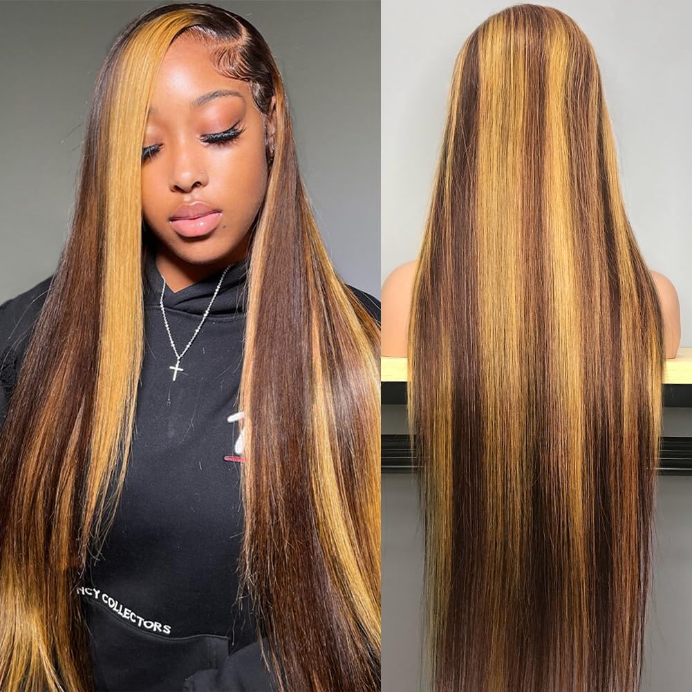 Subella HD Transparent Highlight Lace Front Wigs 180% Density Brazilian Human Hair - 4/27 Straight Pre Plucked Hairline with Baby Hair for Black Women (24 Inch) | Perfect for Daily Wear, Parties & Special Occasions