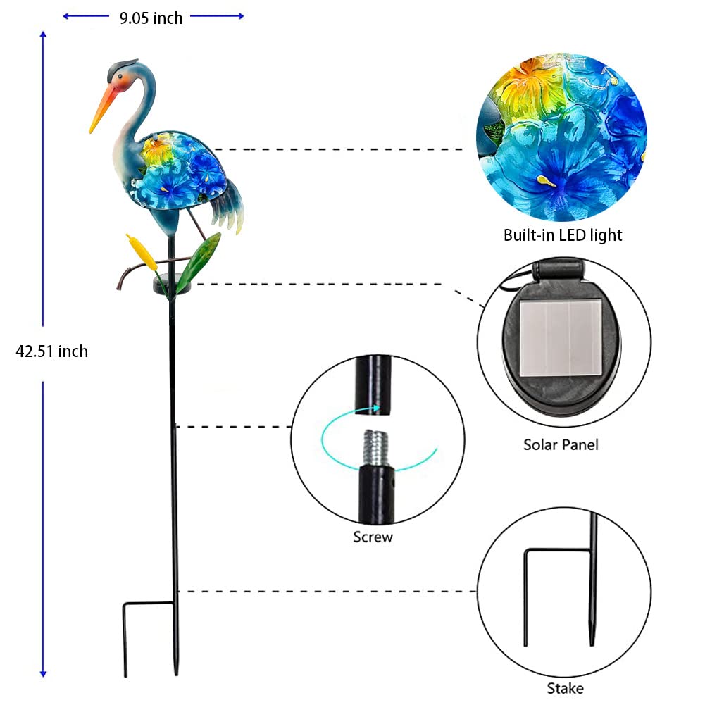 Heron Solar Garden Lights - Hand-Painted Glass Solar Stake Lights for Outdoor Decor | Solar-Powered Lawn Ornaments & Yard Art for Patio, Garden, Pathway, and Porch Lighting | Weather-Resistant Landscape Lighting for Nighttime Ambiance