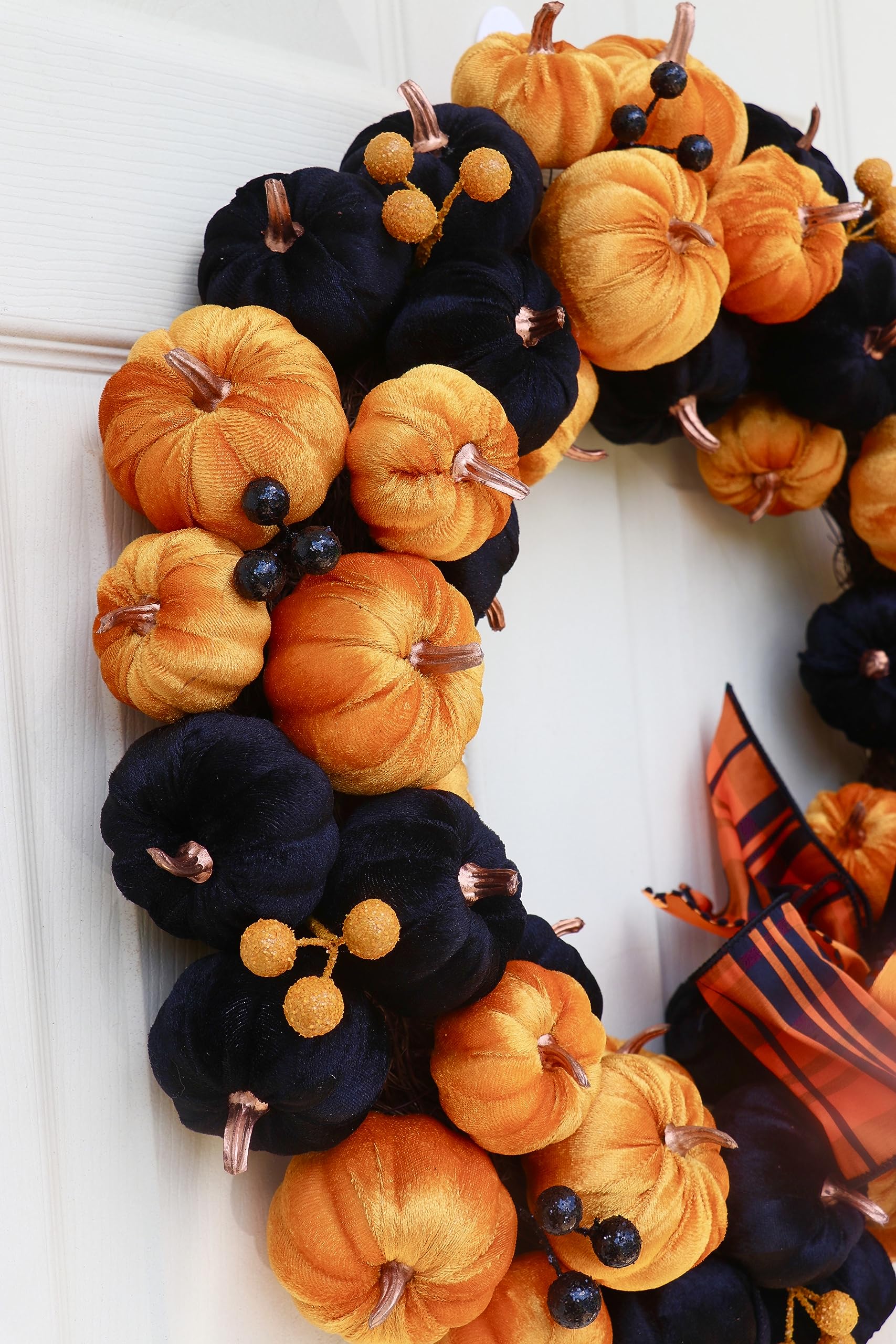 20 Inch Halloween Front Door Wreath with Orange & Black Velvet Pumpkins - Spooky Fall Porch Decor for Halloween Party & Home Decorations