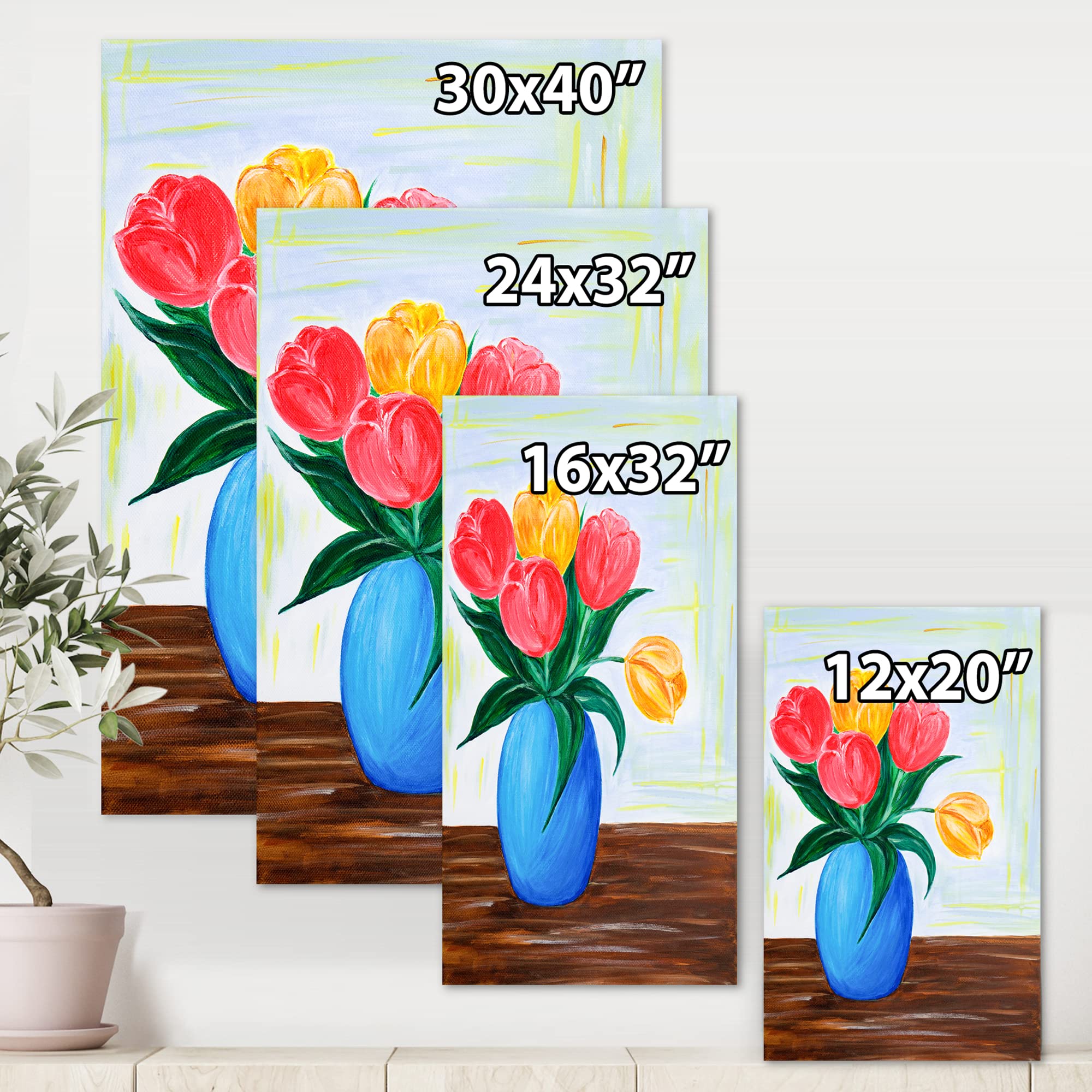 Bouquet of Red and Orange Tulips in Vase - Traditional Canvas Wall Art for Home Decor - Perfect for Living Room, Bedroom & Office Wall Decoration