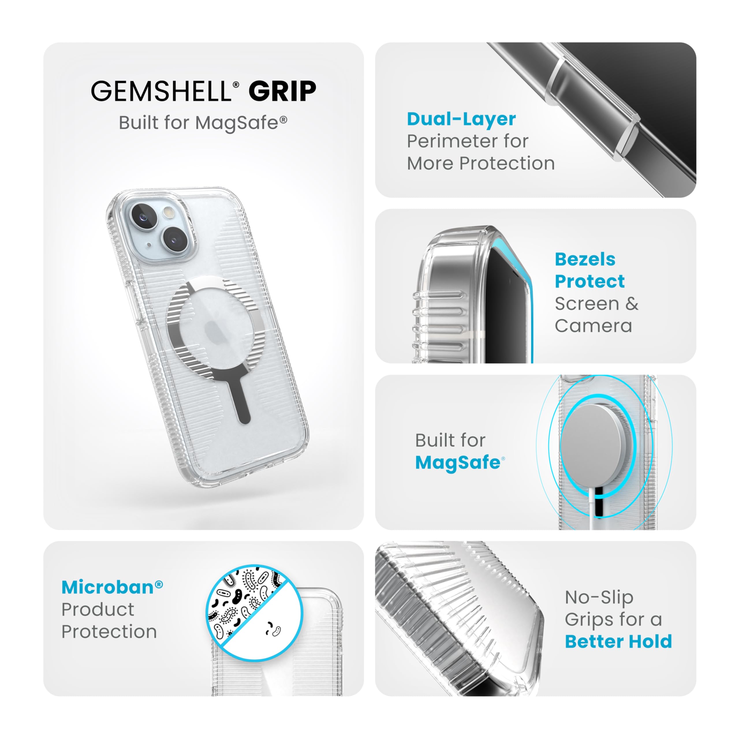 Speck GemShell Grip Clear iPhone 15 Case - Slim Protective Cover with MagSafe Compatibility & Anti-Yellowing Technology - Shockproof 6.1