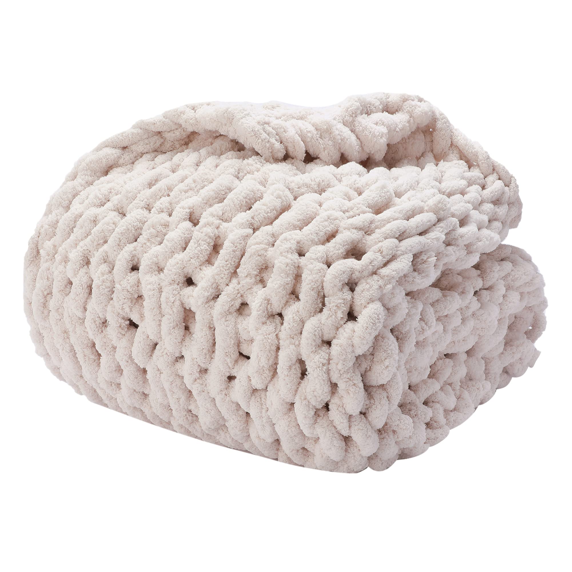 Alzoear Chunky Knit Throw Blanket - Chenille Handmade Cozy Warm Blanket for Sofa, Bedroom & Home Decor (Beige, 60