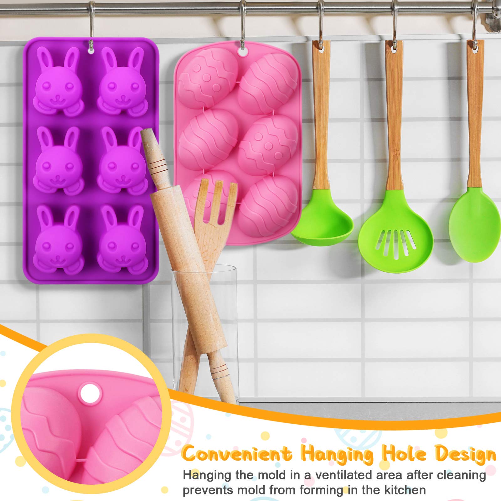 Geiserailie 2-Piece Easter Bunny Egg Shaped Silicone Molds for Chocolate, Candy, Cookies, Cakes, Jelly, Ice Cubes & Soap Making - Perfect for Easter Parties, DIY Desserts & Holiday Baking