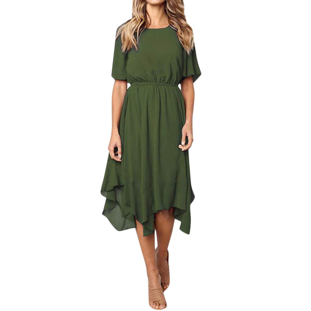 Aihihe Women's Spring Short Sleeve Elegant Dress - Solid Color, Elastic Waist, Pleated Swing Design, Knee Length Casual Dress for Work, Party, or Daily Wear