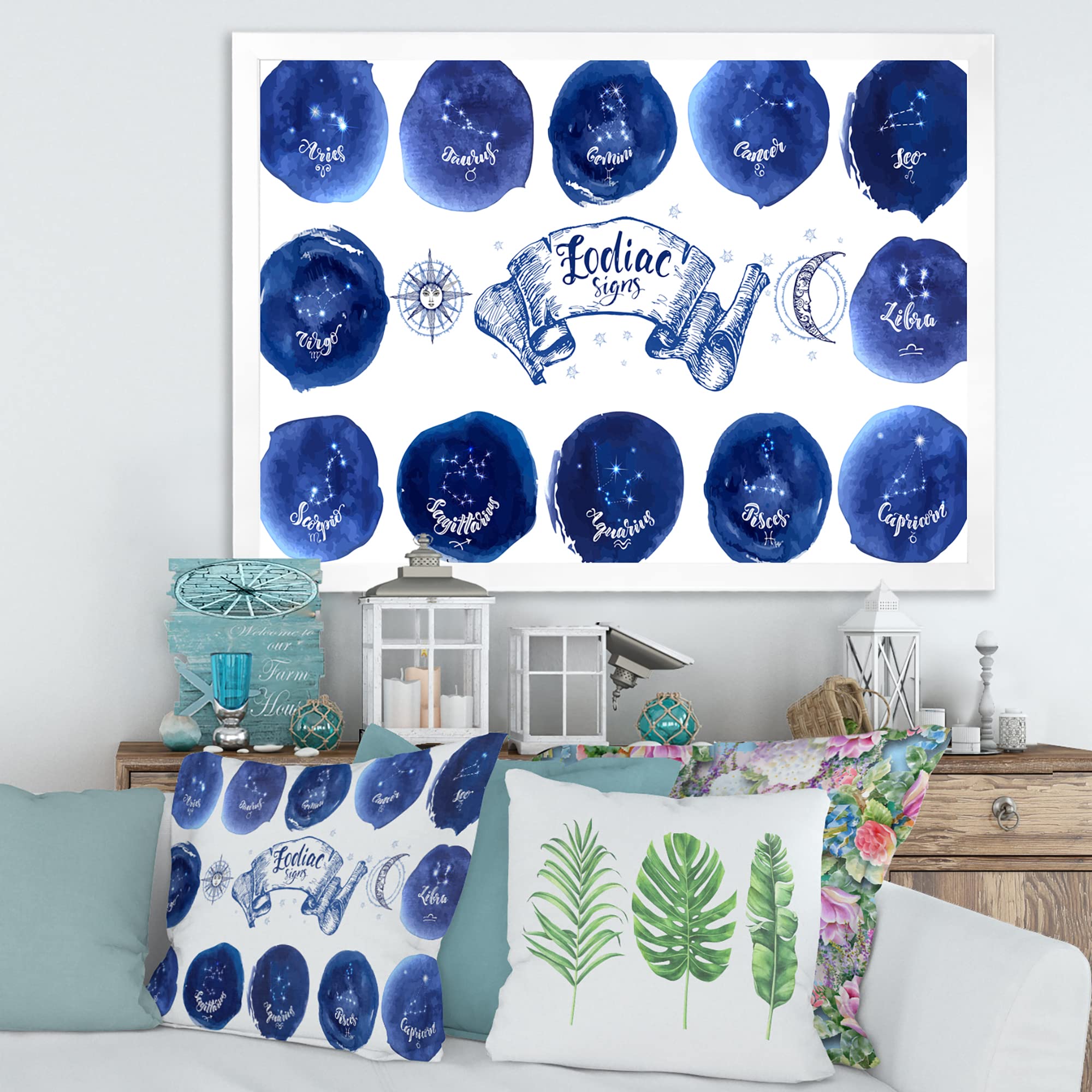 DesignQ Blue Modern Framed Wall Art with Astrology Signs - Perfect for Home Decor, Office & Gift Giving