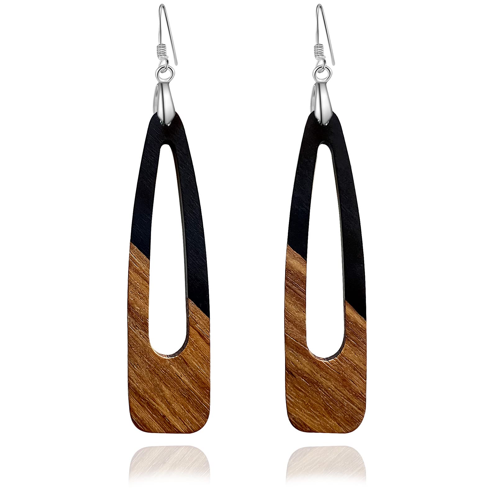 Handmade Wooden Dangle Earrings for Women - Lightweight Brown & Black Geometric Drop Earrings with Resin Accents | Boho Chic Statement Jewelry for Casual Wear, Office & Special Occasions