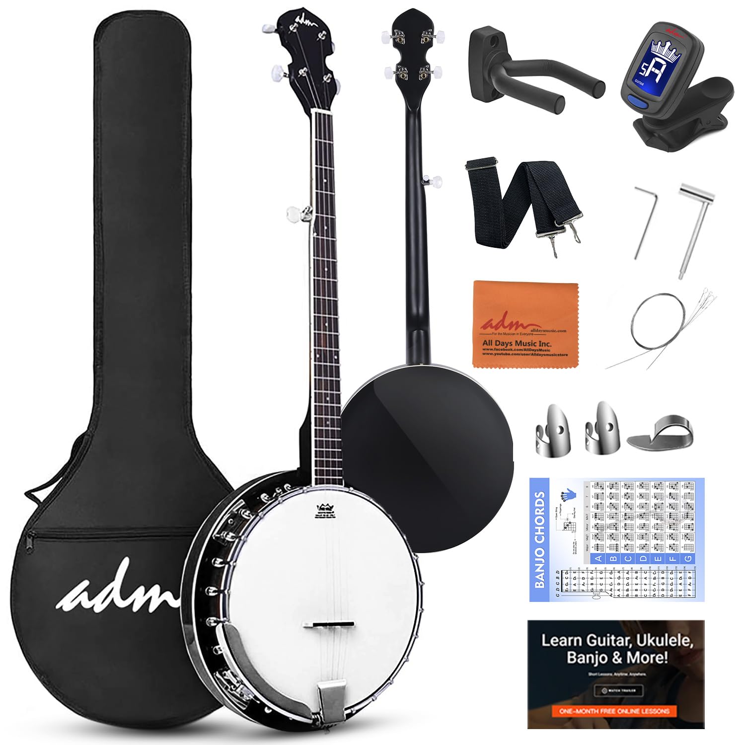ADM 5-String Full Size Banjo Kit - 38 Inch Beginner Banjo with Resonator, Remo Drum Head (Open/Closed Back) | Free Lessons & Starter Accessories | Ideal for Adults & Teenagers | Perfect for Bluegrass, Folk Music & Beginners | Black