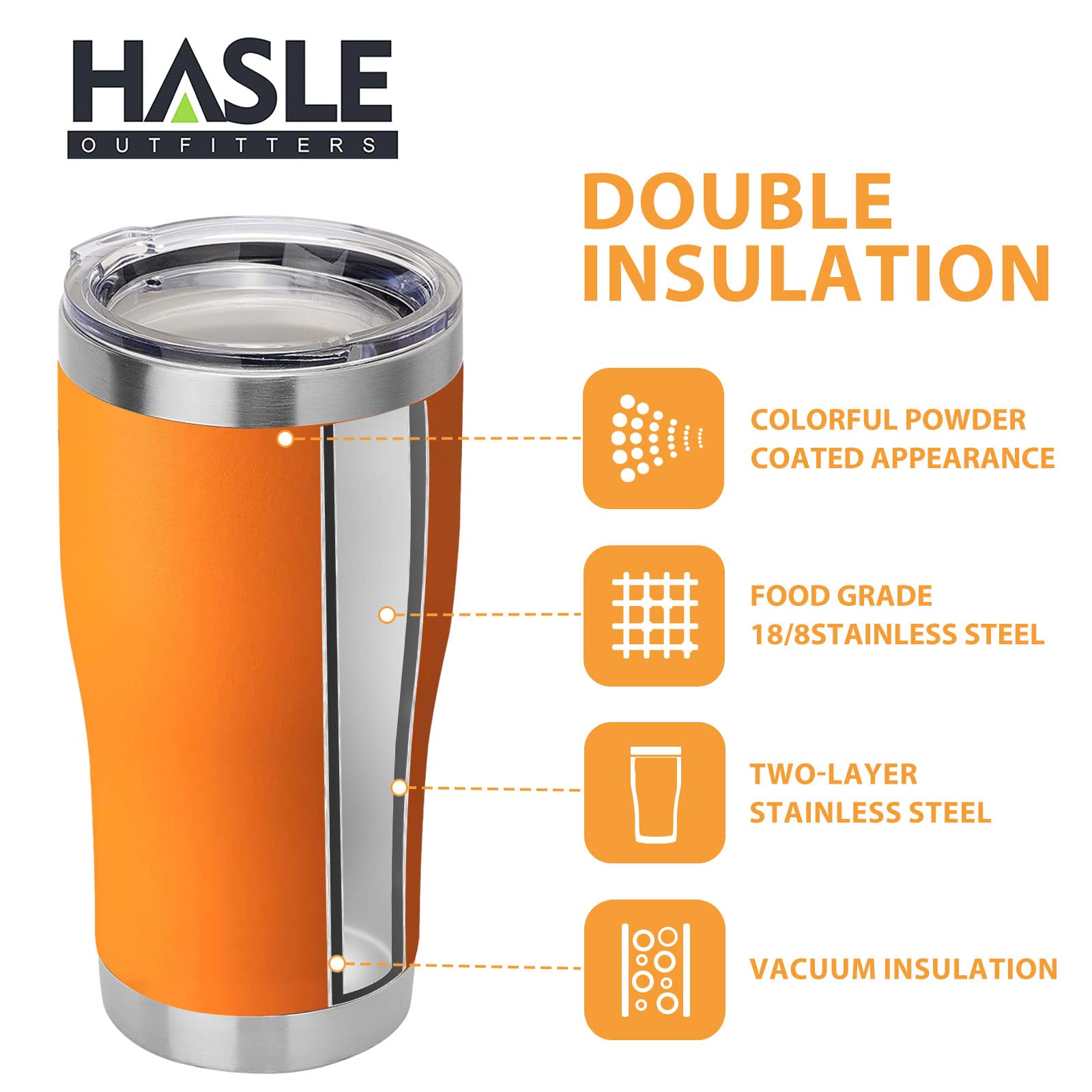 HASLE OUTFITTERS 20 oz Stainless Steel Tumbler with Lid - 12 Pack Bulk Vacuum Insulated Double Wall Powder Coated Coffee Mugs (Orange) - Perfect for Office, Travel, Camping & Outdoor Activities
