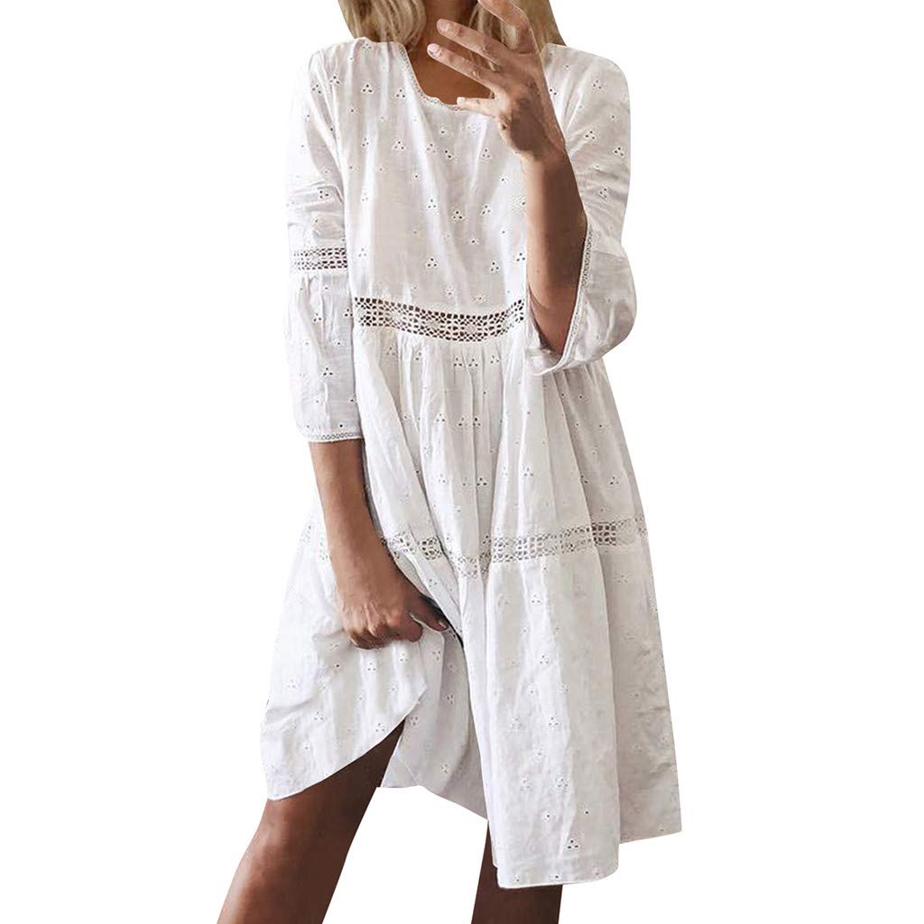 Boho Women's Solid Crew Neck Hollow Out Sleeve Midi Dress - Casual Summer Boho Chic Outfit for Beach, Vacation & Everyday Wear