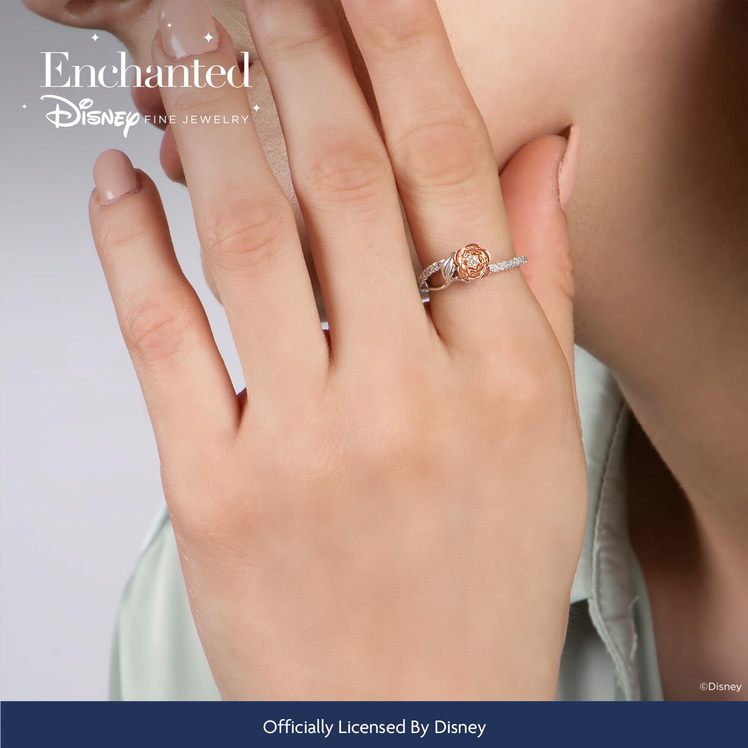 Enchanted Disney Belle Rose Ring - Sterling Silver & 10K Rose Gold with 1/5 CTTW Diamond | Fine Jewelry for Women | Perfect for Disney Fans, Weddings & Special Occasions