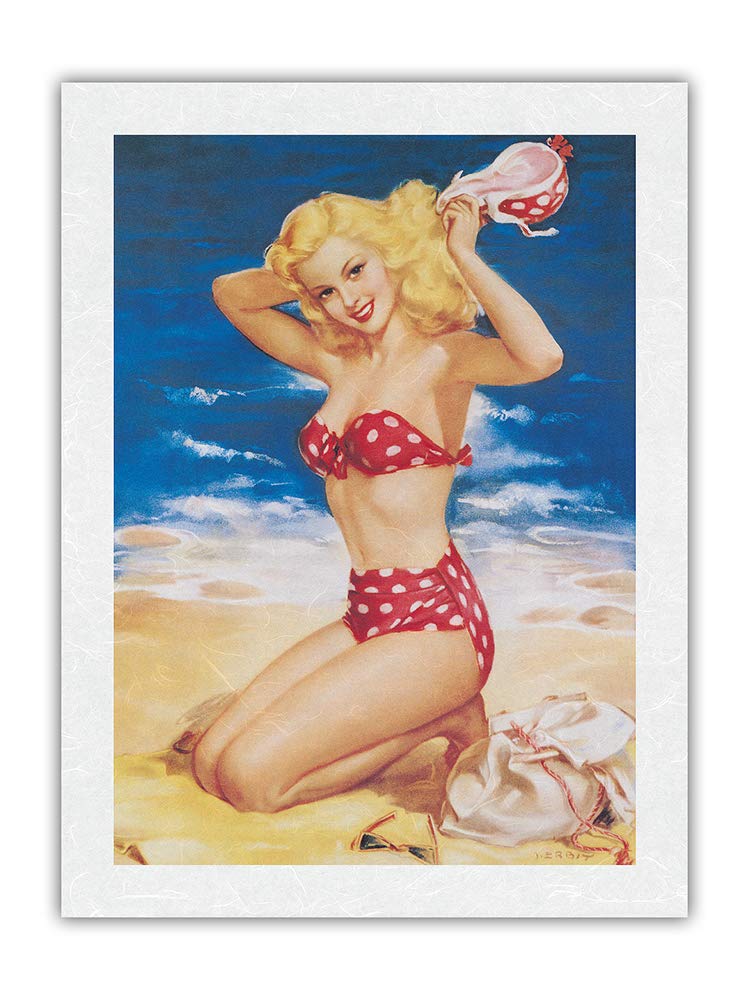 Vintage 1950s Pin Up Calendar Art Print - 'All American Beach Girl' by Julius 'Jules' Erbit - Premium Unryu Rice Paper 24x32 Inch - Retro Wall Decor for Beach House, Man Cave & Pin Up Collectors