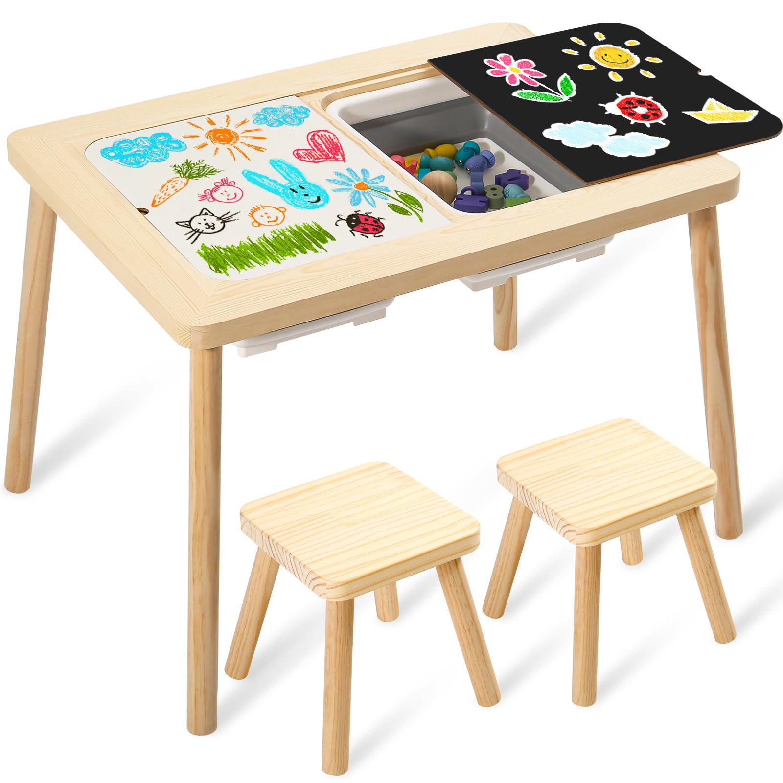 **Kids Sensory Table with 2 Stools - Multifunctional Toddler Sand & Art Play Table for Indoor Activities - Includes 2 Storage Bins & 2 Stools - Perfect for Sensory Play, Drawing & Creative Learning**