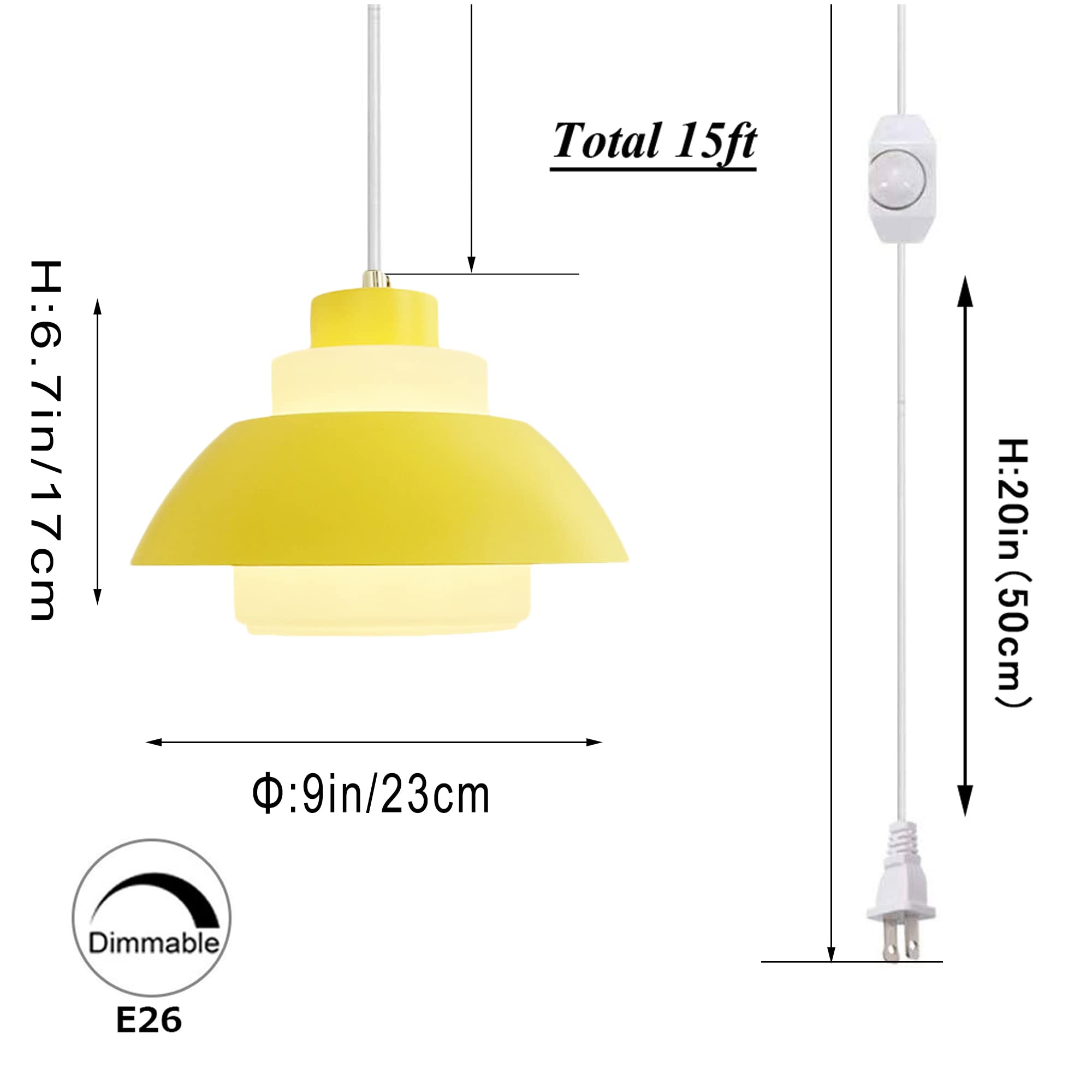 15ft Plug-in Acrylic Handle Pendant Light with UL Dimmer Switch & Motion Sensor - Macaron Neon Yellow Lampshade, Nordic Minimalist Loft Style Lighting for Stairs, Hallways, and Modern Home Decor