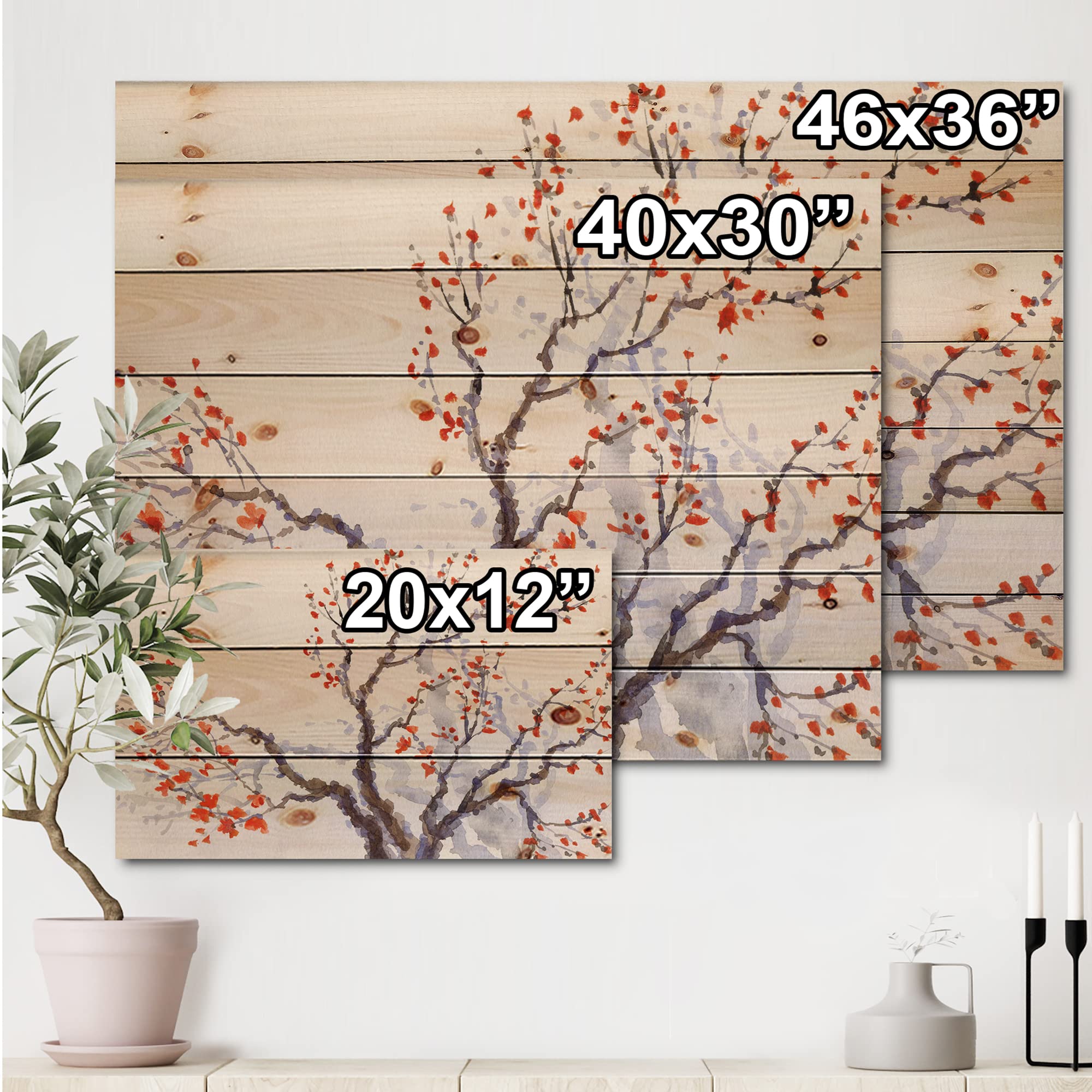 DesignQ Traditional Wood Wall Decor - Red Flowers & Buds Spring Blossoming Tree Art on Natural Pine Wood, Large Floral Wall Panels for Living Room, Bedroom & Office Decoration