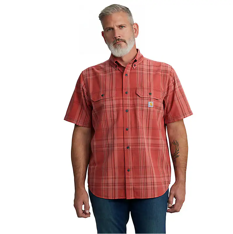 Loose Fit Midweight Short Sleeve Plaid Shirt for Men - Casual Comfort Cotton Button Down Top in Crimson Moss - Perfect for Outdoor Activities & Everyday Wear