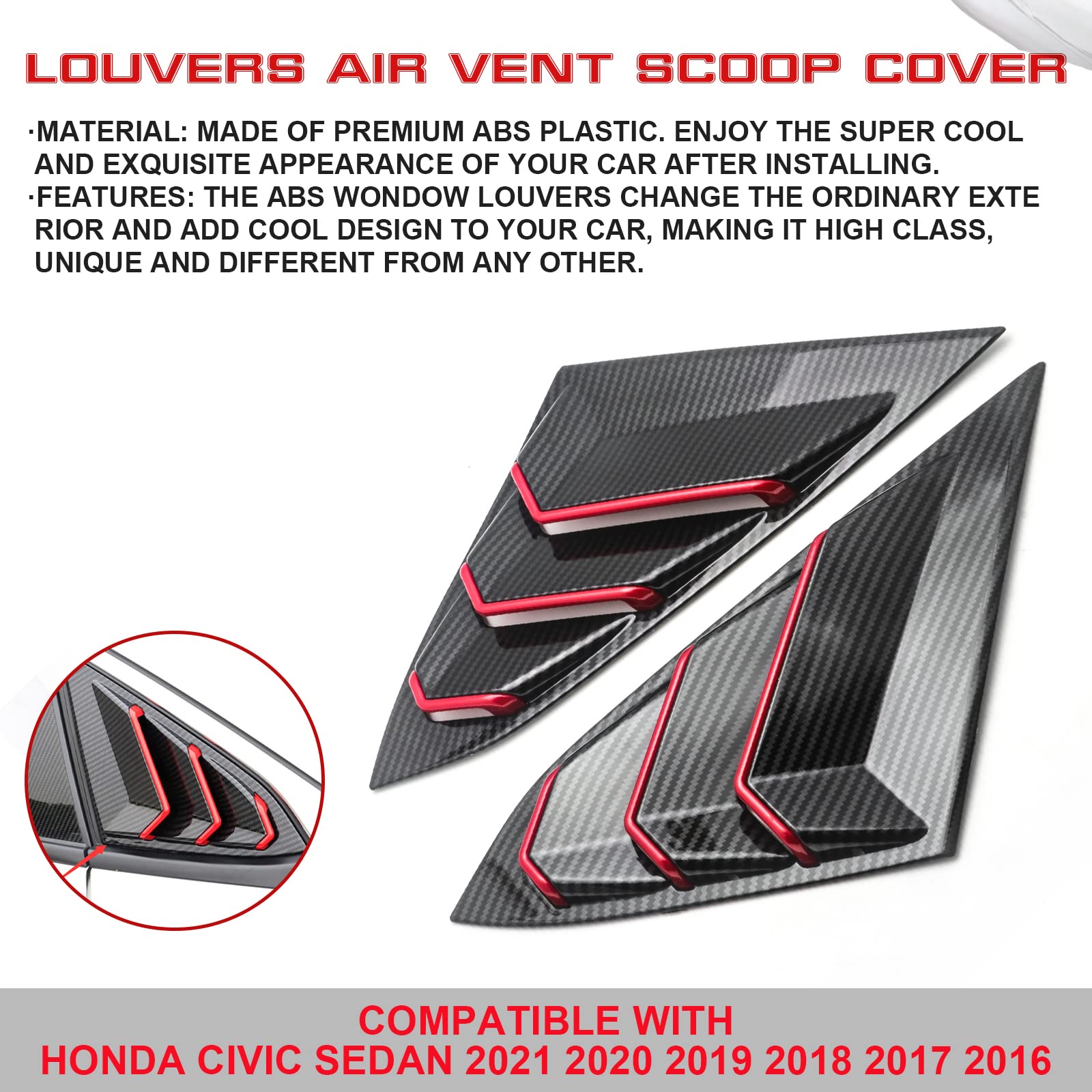 Xotic Tech Rear Side Window Louver Cover Trim - Carbon Fiber Pattern with Red Accent - Compatible with 2016-2021 Honda Civic 10th Gen Sedan - Enhances Style & Airflow - Perfect for Car Enthusiasts & Custom Builds