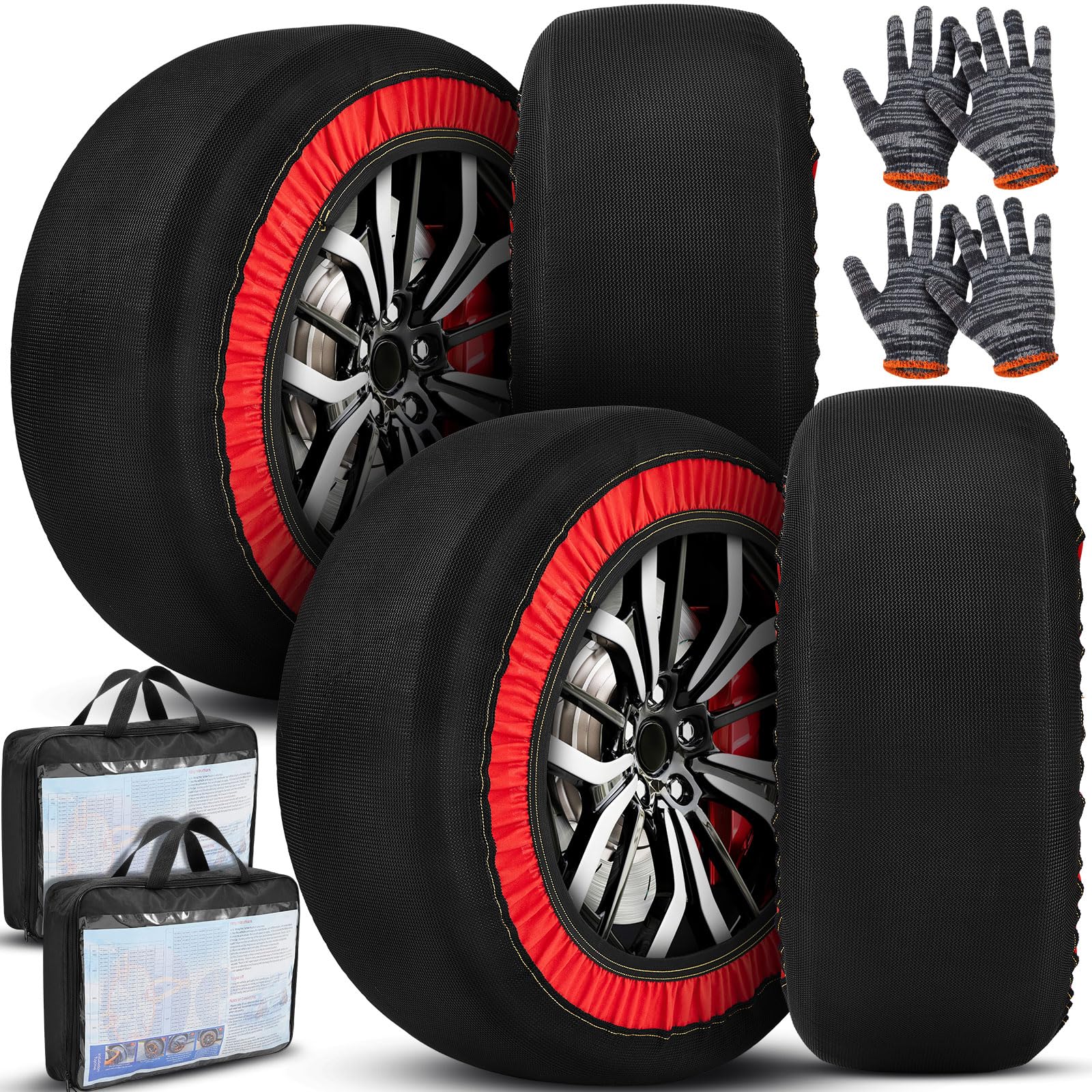 4 Pack Automotive Snow Socks for Tires - Heavy Duty Fabric Car Chains with Easy Installation Gloves | Winter Traction Accessories for Cars, SUVs, Trucks & Pickups | Emergency Snow Driving & Mountain Road Safety (XL Size)