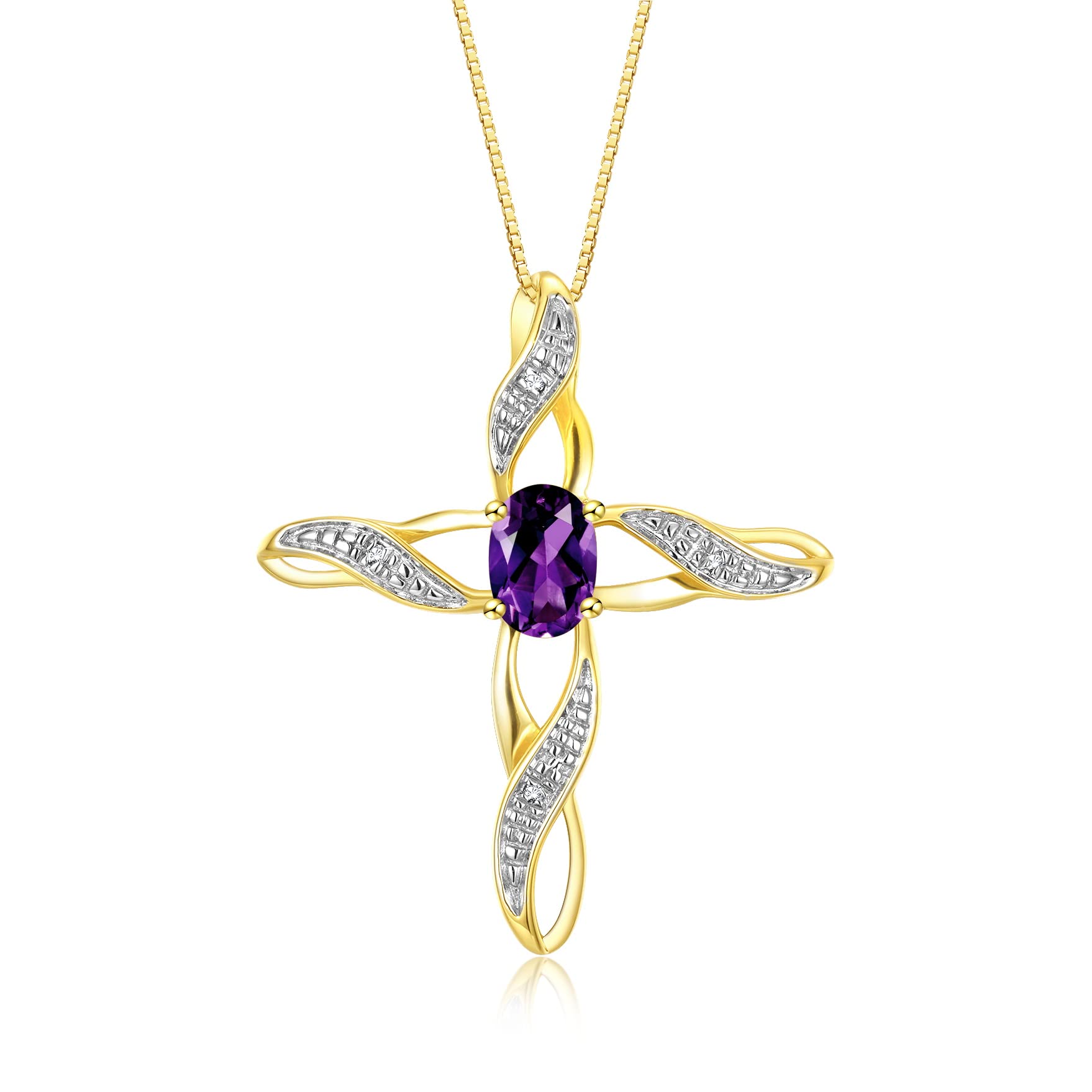 Rylos 925 Sterling Silver Yellow Gold Plated Cross Pendant Necklace with Gemstone & Diamonds - 18