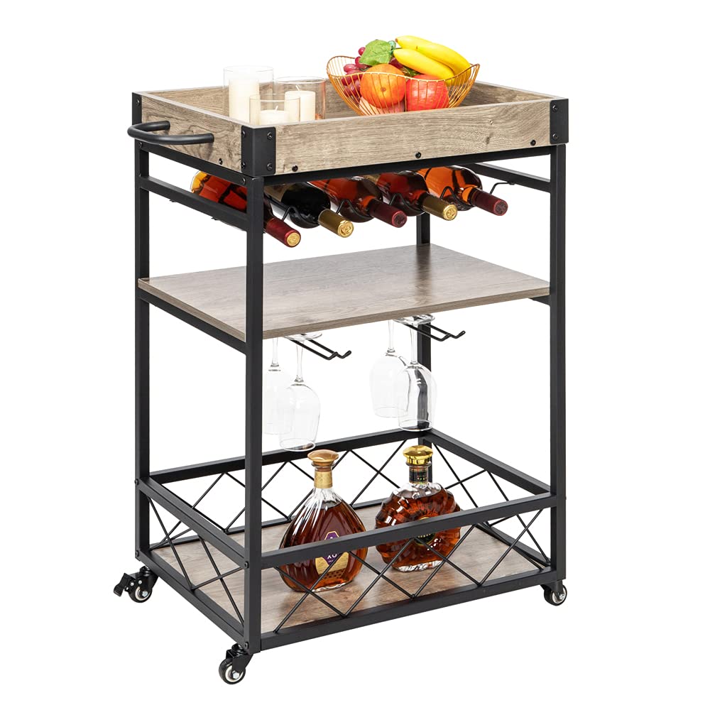 Kcelarec 3-Tier Industrial Kitchen Serving Cart with Lockable Casters, Wine Glass Holder & Removable Top Box – Perfect for Home Bar, Restaurant, or Catering Use