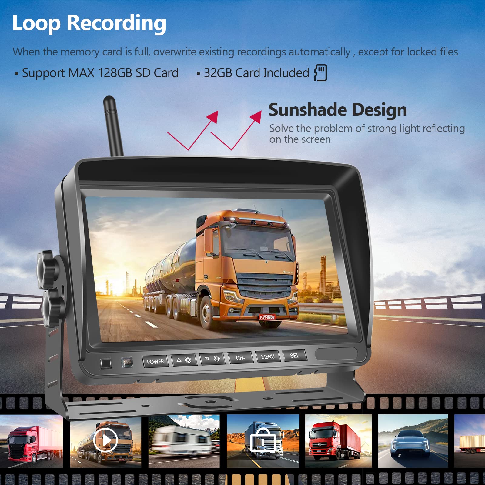 Hodozzy 7 Inch Wireless Reversing Camera System - AHD 1080P Front & Rear View Camera with IPS Monitor, SD Card Recording, Waterproof Night Vision, 12V-36V for Cars, Trucks, SUVs - Perfect for Parking, Towing & Off-Road Adventures