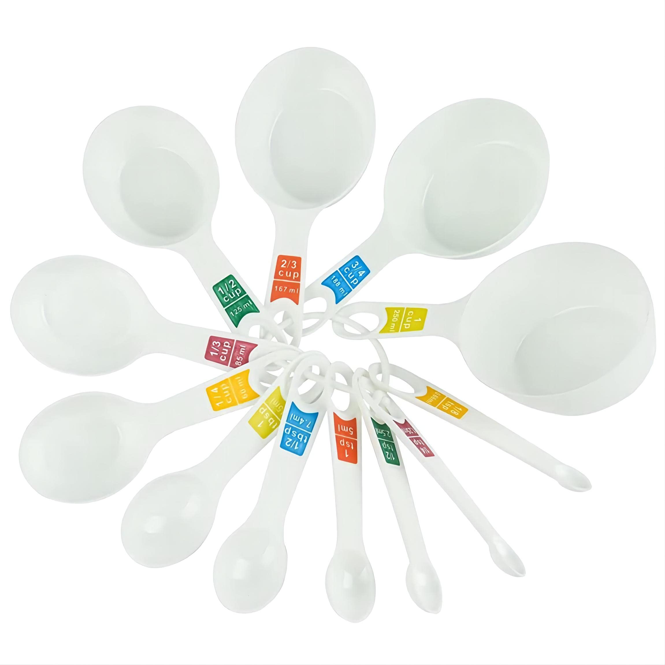 12-Piece Plastic Measuring Cups and Spoons Set - Metric & US Standard Kitchen Measuring Tools for Baking, Cooking - Dishwasher Safe White Measuring Cups for Kids & Adults - Perfect for Baking Cookies, Meal Prep & DIY Projects