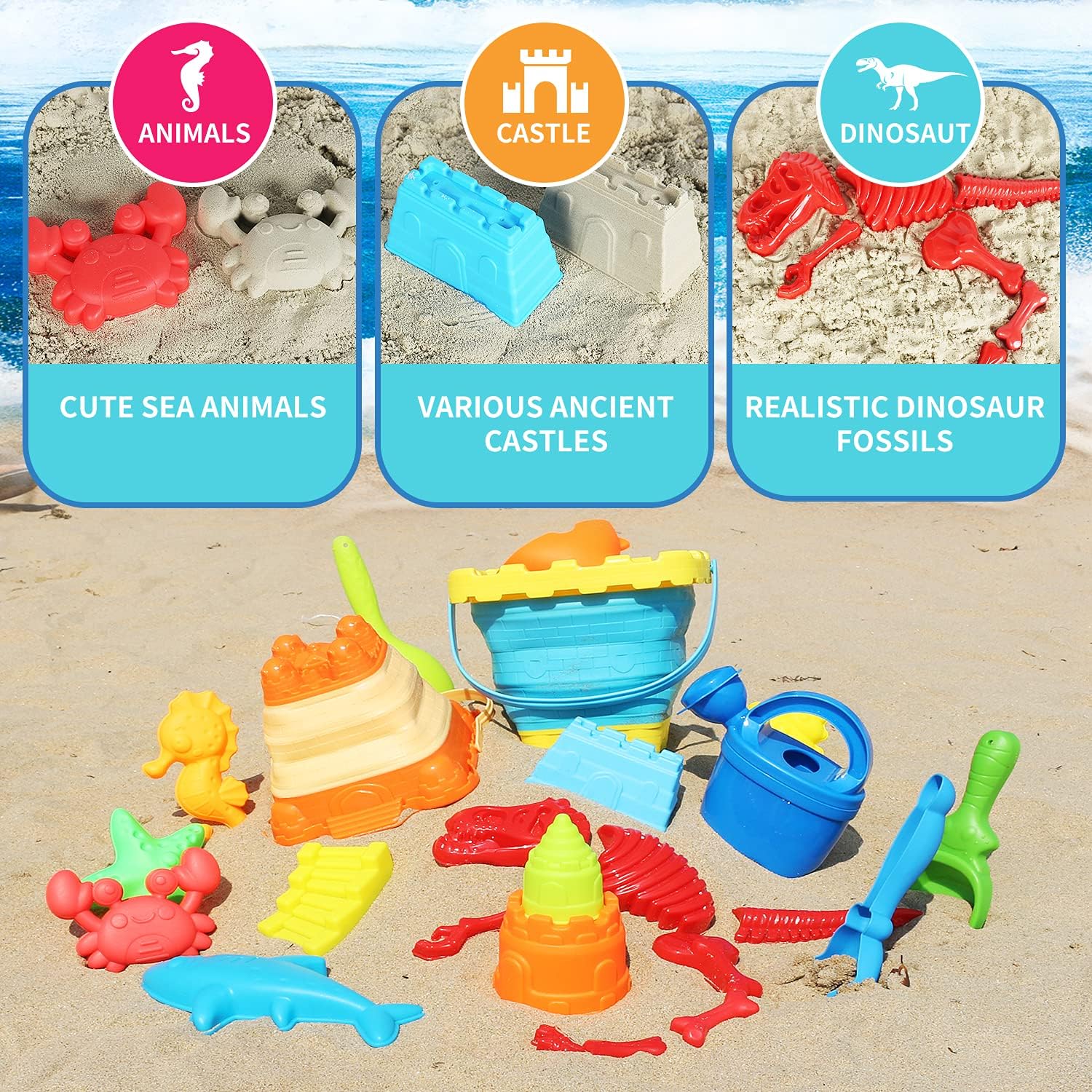 24PCS Beach Sand Toys Set with Mesh Backpack - 2 Foldable Buckets, Sand Molds, Shovels, Rakes & Watering Can | Summer Outdoor Toys for Kids & Toddlers | Perfect for Beach, Sandbox, Backyard & Pool Play