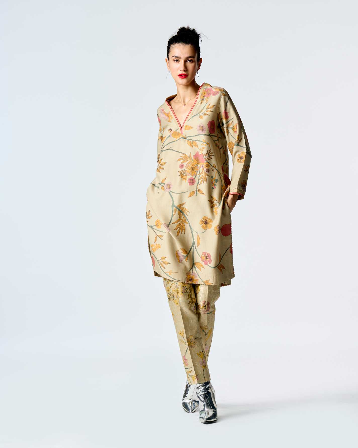 Elegant V Neck Kurta for Women - Premium Muga Satin Silk in Mint Green - Perfect for Festivals, Weddings & Special Occasions