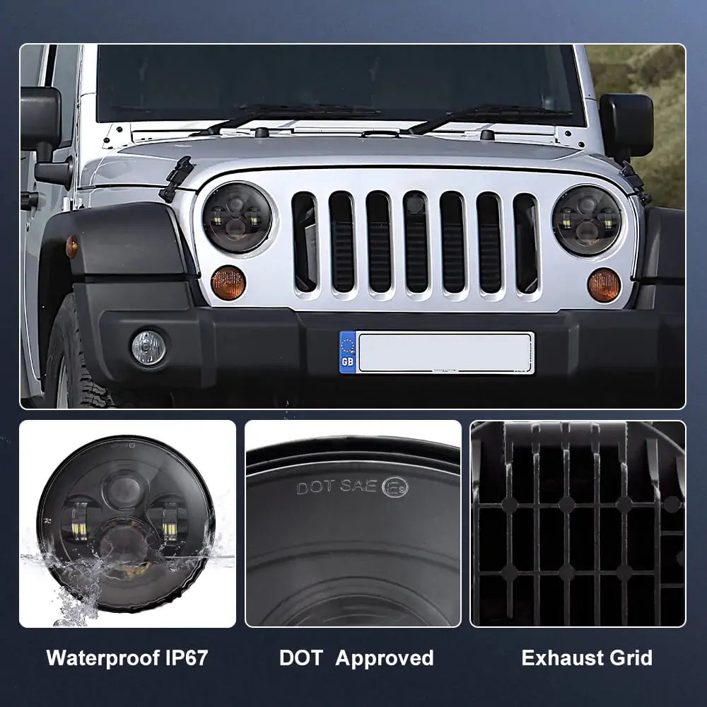 7'' Round Black LED Headlights for Jeep Wrangler JK TJ LJ CJ & Hummer H1 H2 - High Performance Off-Road Lighting for Night Driving & Adventure