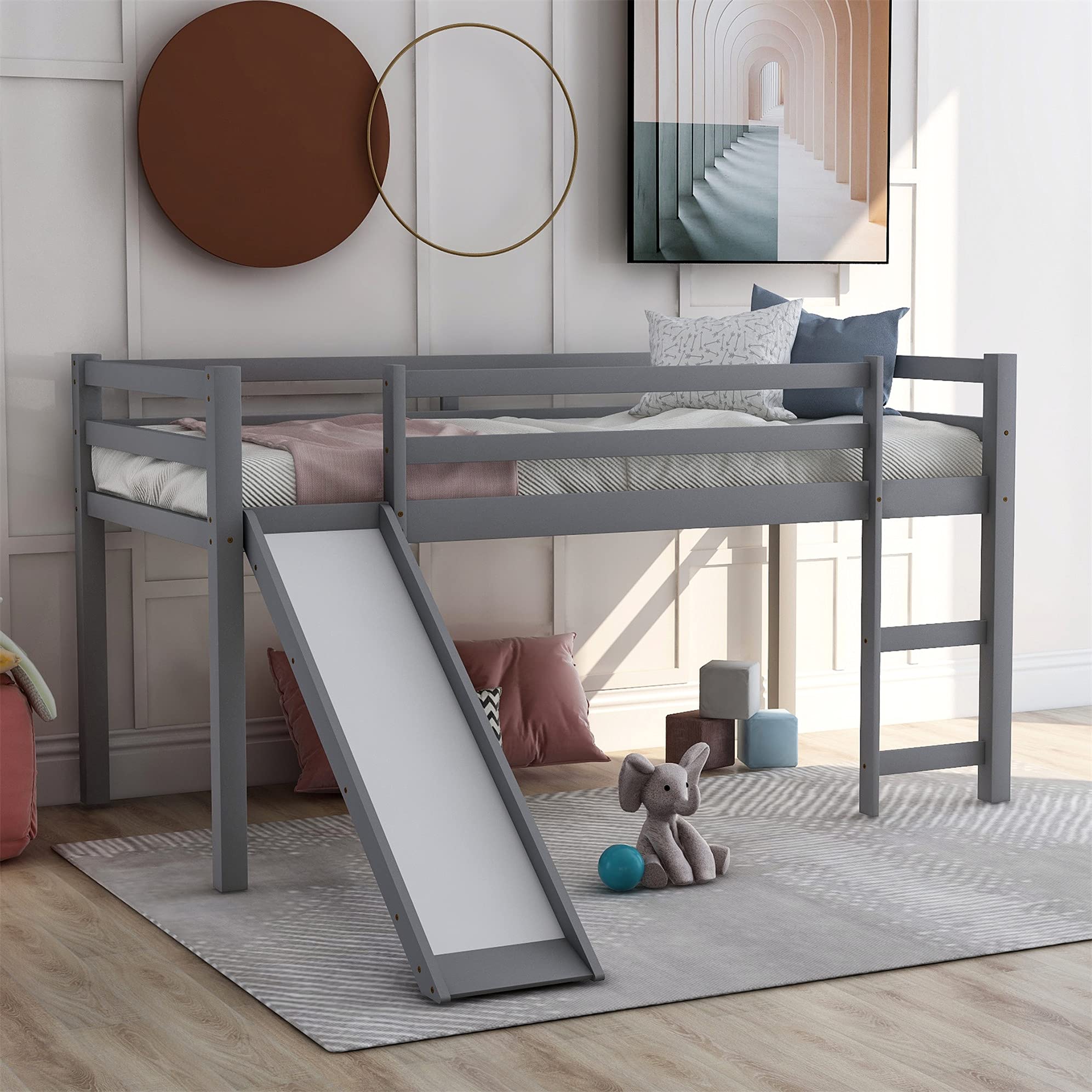 Harper & Bright Designs Twin Size Kids Low Loft Bed with Slide - Sturdy Wooden Loft Bed Frame in Gray - Perfect for Small Bedrooms, Playrooms & Space-Saving Kids' Rooms
