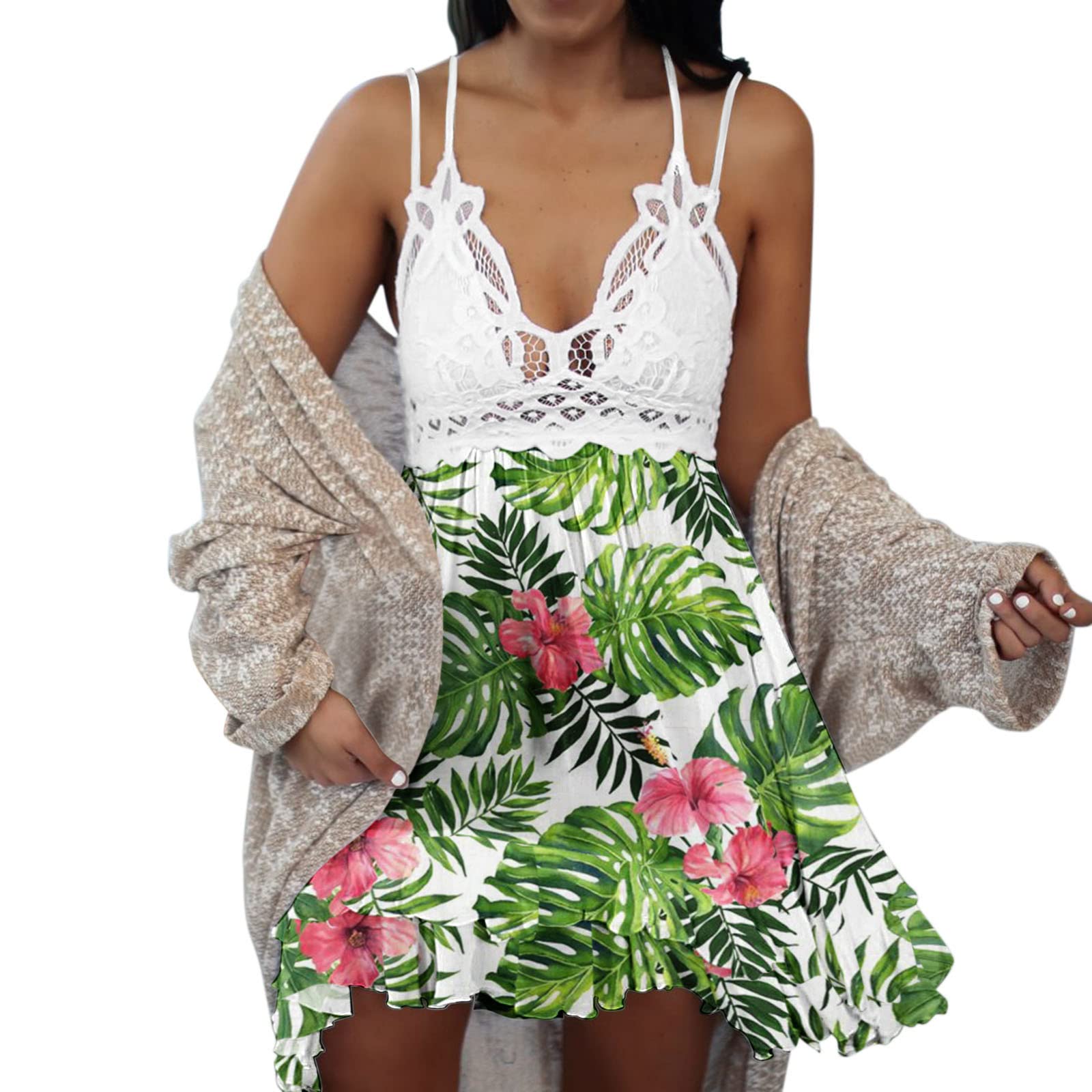 Women's Floral Print Sleeveless V-Neck Lace Skater Dress - Summer Loose Fit Hollow Out Casual Sundress for Beach, Party & Vacation