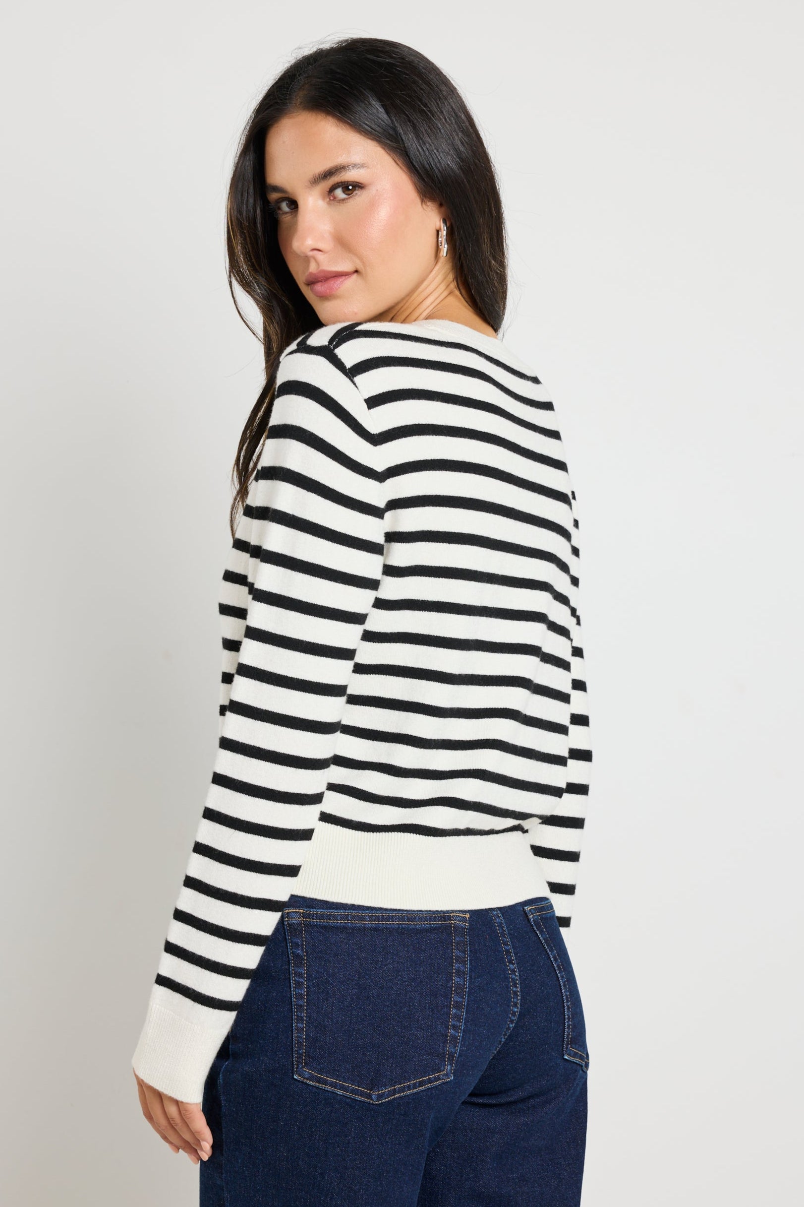 Luxury Black Stripe Cashmere Blend Crewneck Cardigan for Women - Soft & Warm Winter Sweater for Office, Date Night & Casual Outfits