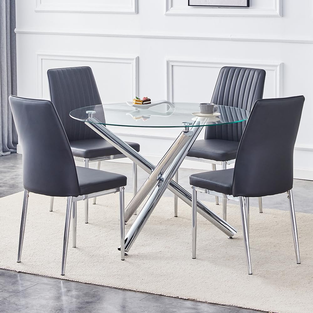 42 Inch Round Tempered Glass Dining Table Set for 4 with PU Leather Chairs - 5 Piece Modern Kitchen Table Set for Small Spaces | Perfect for Breakfast Nooks, Compact Dining Rooms & Cozy Apartments