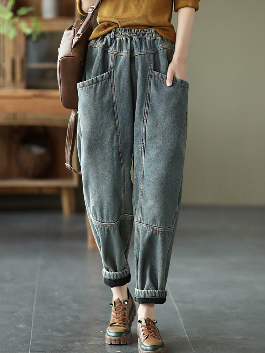 Plus Size Women's Retro Distressed Denim Fleece Lined Pants - High Waisted Stretch Jeans for Winter Warmth & Comfort - Perfect for Casual Outfits, Workwear & Cold Weather Fashion