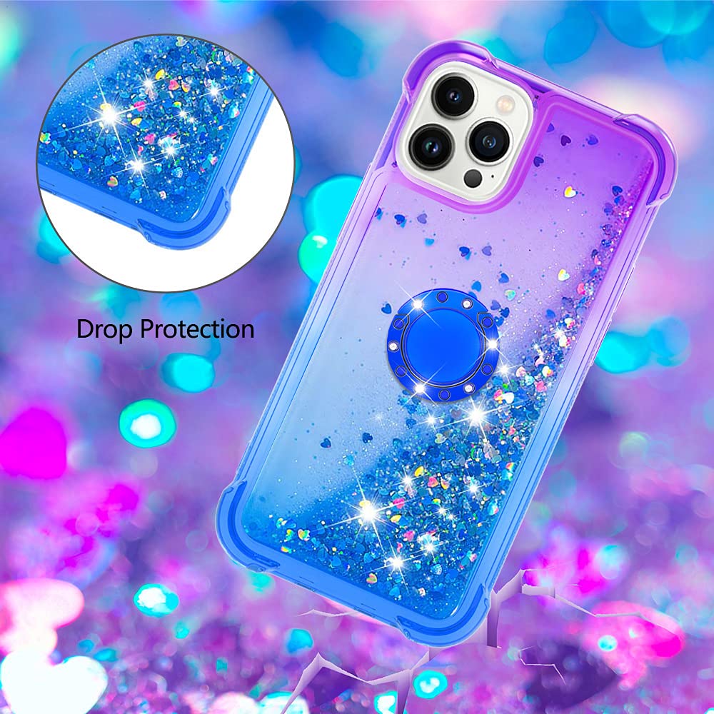 Premium iPhone 13 Pro Max Case - Gradient Quicksand Glitter Bling Liquid Floating Ring with Kickstand | Shockproof TPU Bumper & Reinforced Corners | Stylish Purple-Blue Protective Cover for Women | Perfect for Work, Travel & Everyday Use
