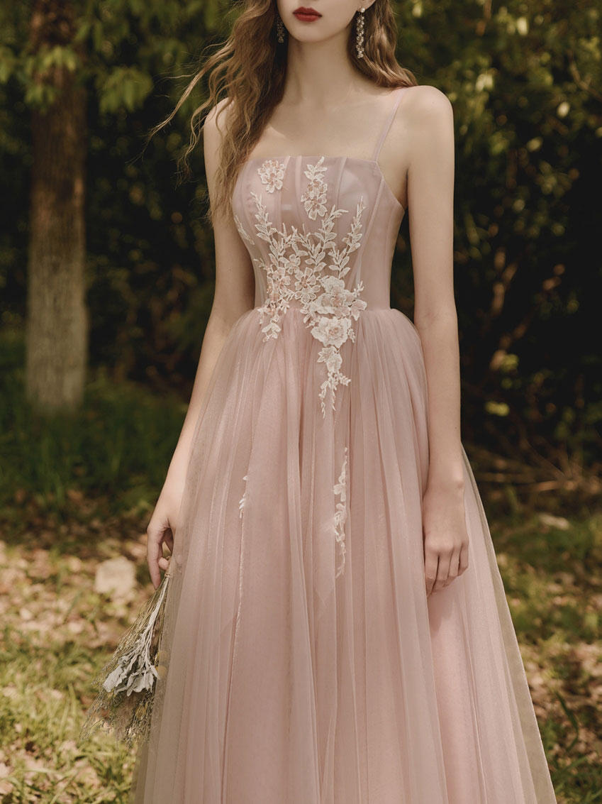 Elegant Pink Tulle Lace Tea-Length Prom Dress with Floral Embroidery - Romantic Evening Gown for Homecoming, Quinceañera & Formal Events - Perfect for Prom Night, Wedding Guest & Special Occasions