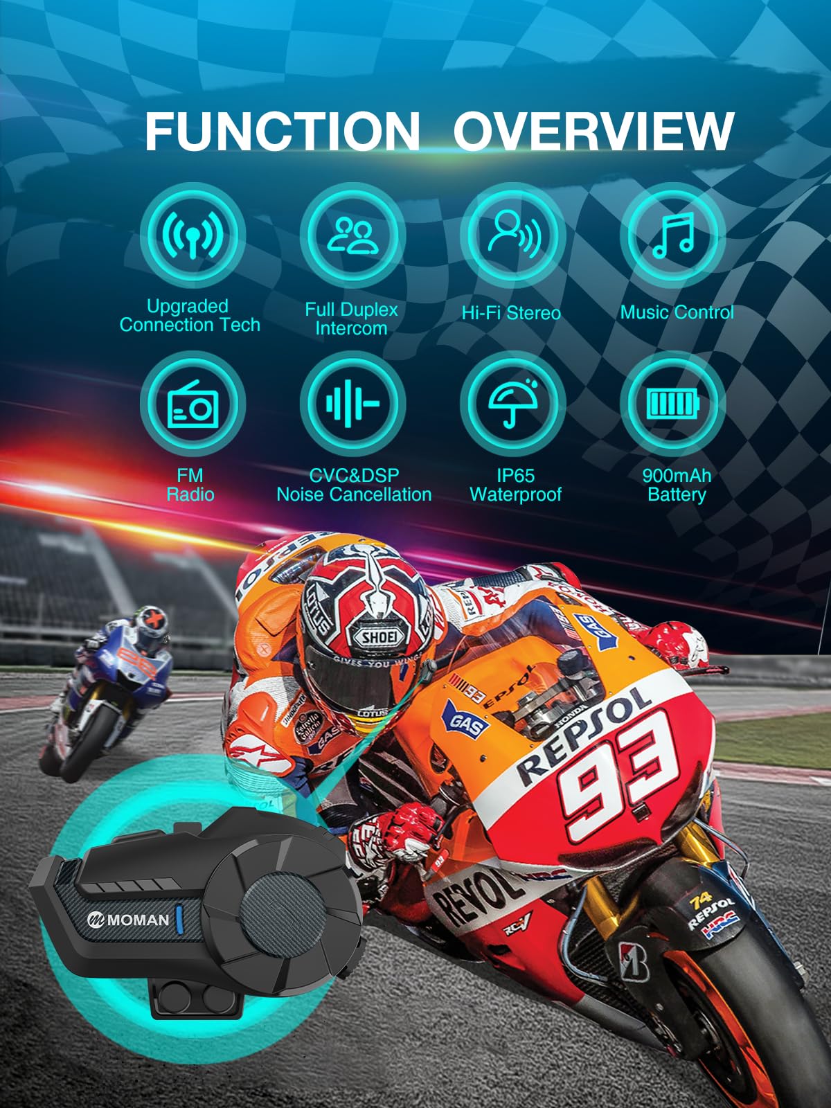 Moman H2 Pro Motorcycle Bluetooth Intercom - Wireless 5.1 Helmet Communication System with DSP & CVC Noise Cancellation, AI Assistant & Music Sharing (Carbon Fiber, 1 Pack) - Perfect for Group Riding, Touring & Hands-Free Calls