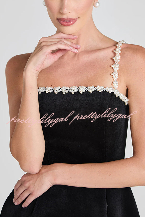 Elegant Sweet Poetry Velvet Mini Dress with Pearl Trim & Pockets | Tulip Hem Style for Parties, Dates & Special Occasions
